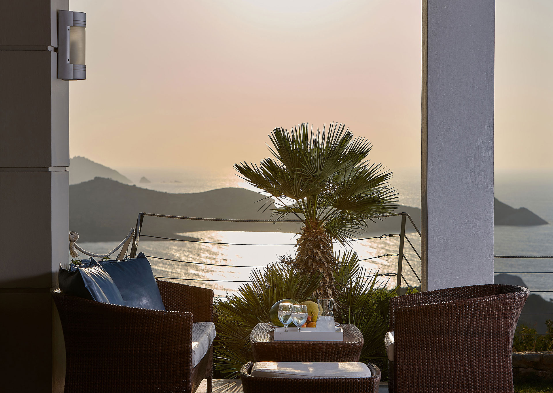 Okeanides Villas Crete Villa Electra balcony with sunset view