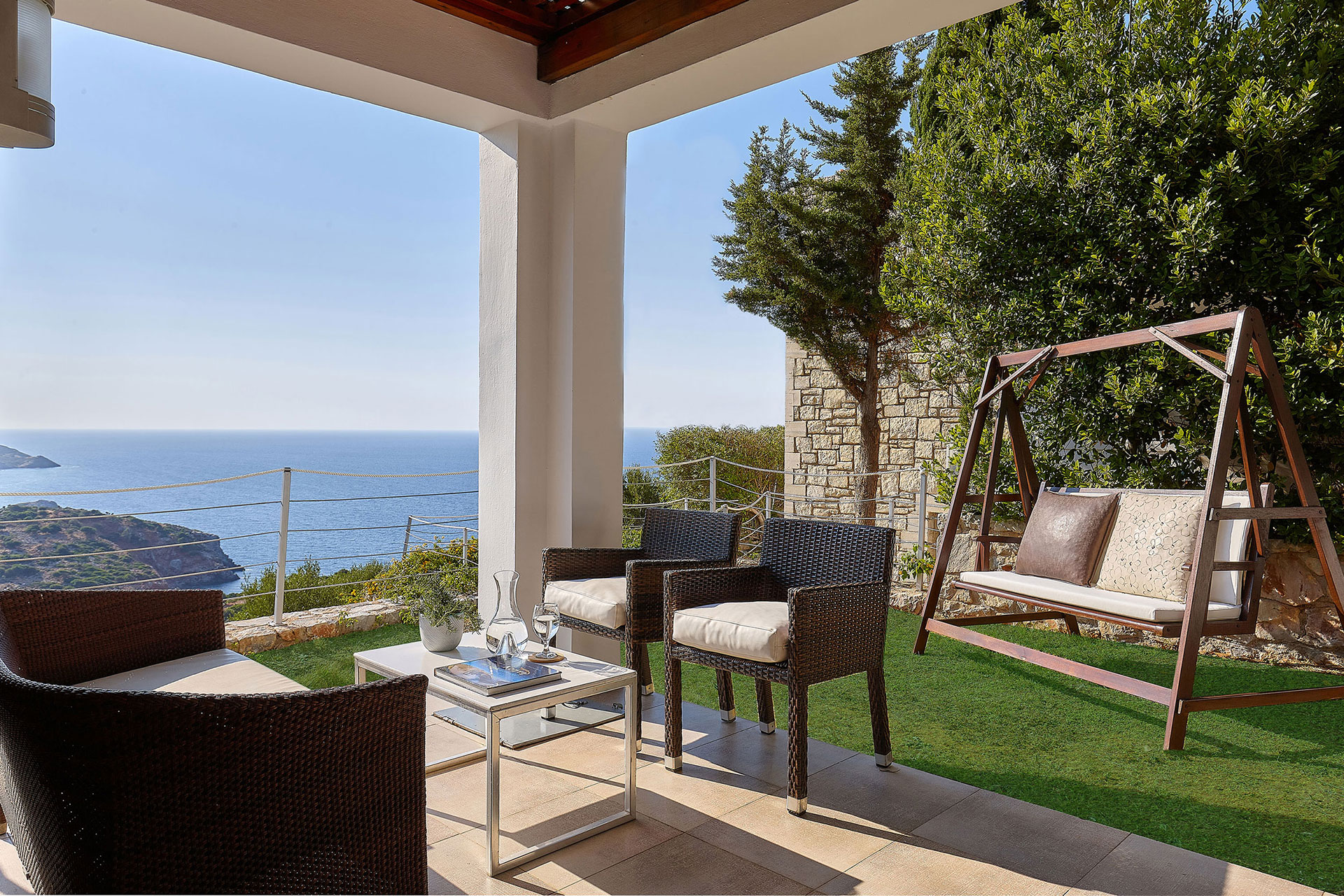 Okeanides Villas Crete Villa Pitho garden with sitting are sea view